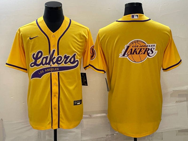 Men's Los Angeles Lakers Yellow Team Big Logo Cool Base Stitched Baseball Jersey Men's Los Angeles Lakers Yellow Team Big Logo Cool Base Stitched Baseball Jersey
